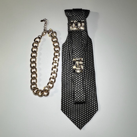 Up-cycled Grey and Black Polka Dot Woman Necktie Necklace With Necklace - Picture 8 of 10